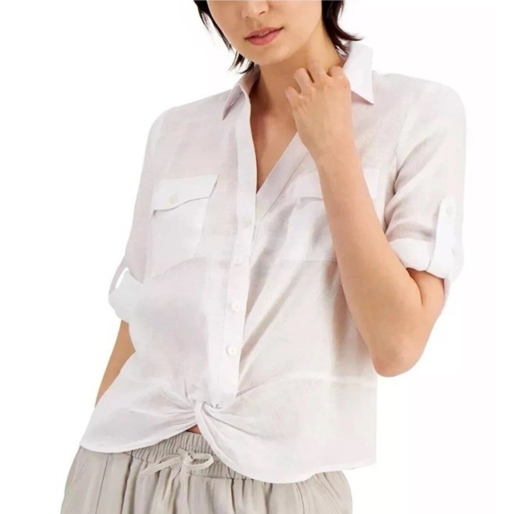 INC International Concepts White Linen Twist Hem Blouse Small Coastal Grandma